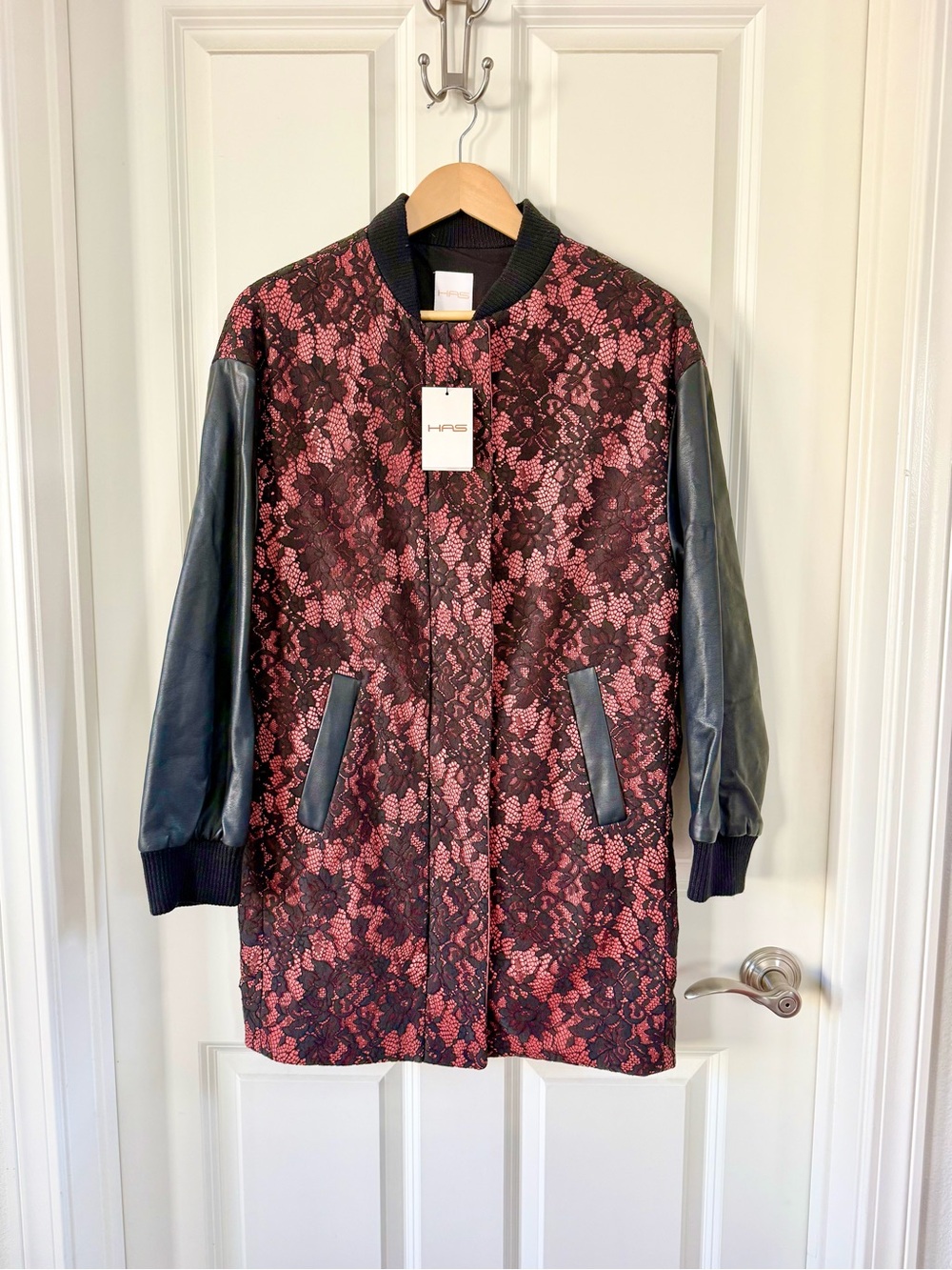 Nordstrom Black Leather Sleeve Jacket with Pink Lace